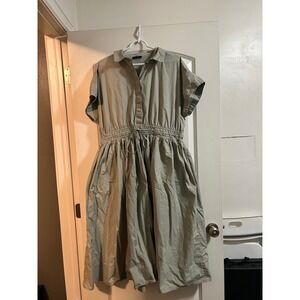 Ruti poplin Khaki Smocked‎ Waist Midi Shirt Dress Size XL 100% Cotton